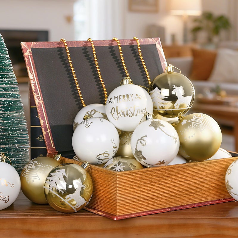 SHareconn 12ct 3.15 Inch Christmas Tree Balls Ornaments, Colored Shatterproof Plastic Decorative Baubles Decorations for Xmas Tree Decor Holiday Party Wedding Decoration (Gold & White, 80mm) - Image 5